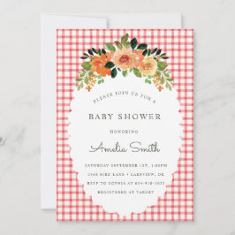 007 Red Floral Gingham Baby Shower Invitations Inbjudningar
