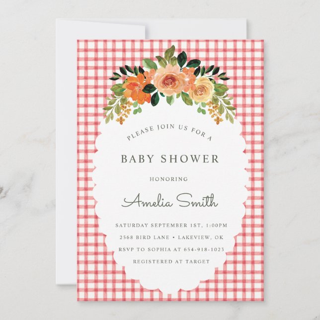 007 Red Floral Gingham Baby Shower Invitations Inbjudningar (Framsida)