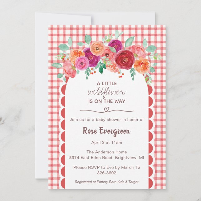 007 Red Gingham Watercolor Wildflower Baby Shower Inbjudningar (Framsida)