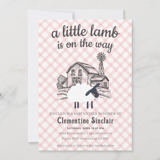 007 Röd En lilla lamm Bondgård Gingham Baby Shower Inbjudningar (Framsida)