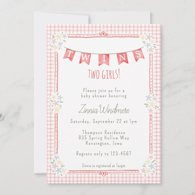 007 Röd Gingham Blommig Tvilling Baby Shower Inbjudningar (Framsida)