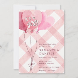 007 Röd hjärtballong Gingham Bebis firande Inbjudningar