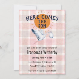 007 Röd Vattenfärg Rutmönster Stork Boho Bebis Sho Inbjudningar