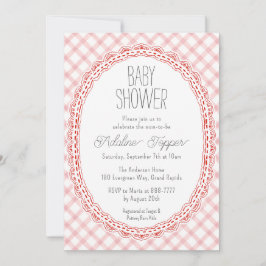 007 Röd Vintage Spetsram Gingham Baby Shower Inbjudningar
