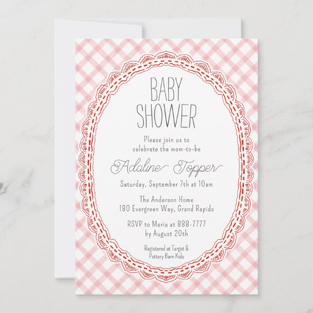 007 Röd Vintage Spetsram Gingham Baby Shower Inbjudningar (Framsida)