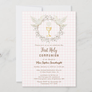 008 Blush Dove & Chalice Gingham Första Kommunion Inbjudningar