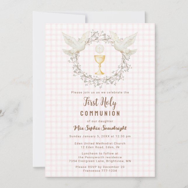 008 Blush Dove & Chalice Gingham Första Kommunion Inbjudningar (Framsida)
