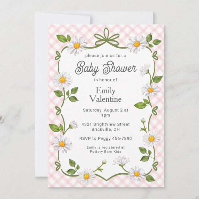 008 Blush Pink Floral Daisy Plaid Baby Shower Inbjudningar (Framsida)