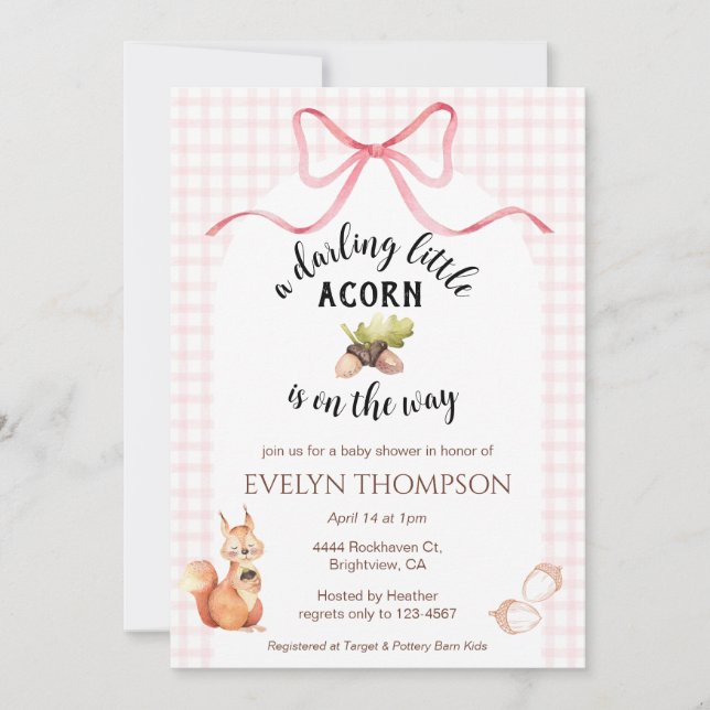 008 Blush Pink Squirrel Acorn Gingham Baby Shower Inbjudningar (Framsida)