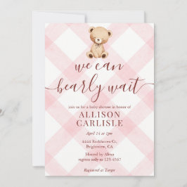 008 Blush Pink Teddy Bear Gingham Baby Shower Inbjudningar