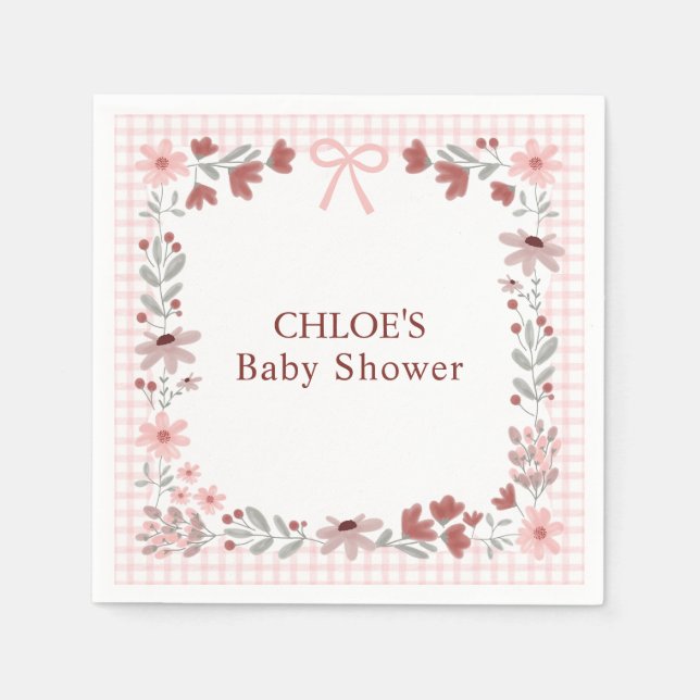008 Blush Pink Wildflower Bow Gingham Shower Pappersservett (Framsidan)