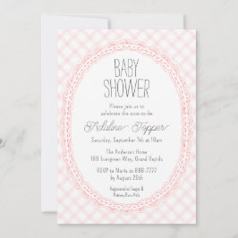 008 Blush Vintage Spetsram Gingham Barnkalas-inbju Inbjudningar