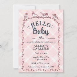 008 Blush Watercolor Gingham Birds Baby Shower Inbjudningar