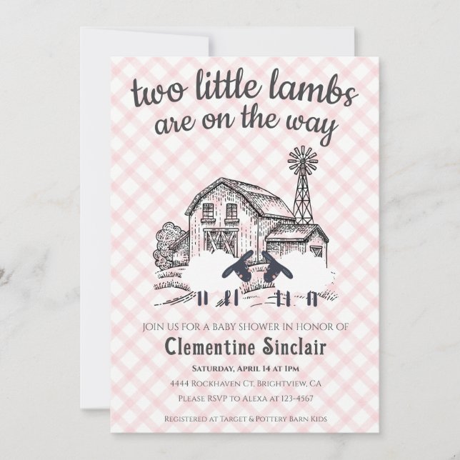 008 Röda kinderros 2 Lilla lamm Bondgård Gingham B Inbjudningar (Framsida)