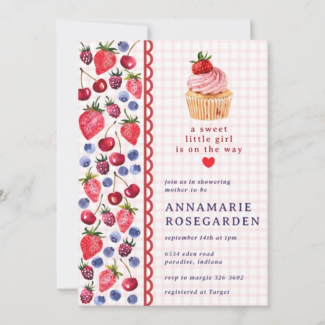 008 Rosa Blush Jordgubbsplätt Cupcake Barnkalas Inbjudningar (Framsida)
