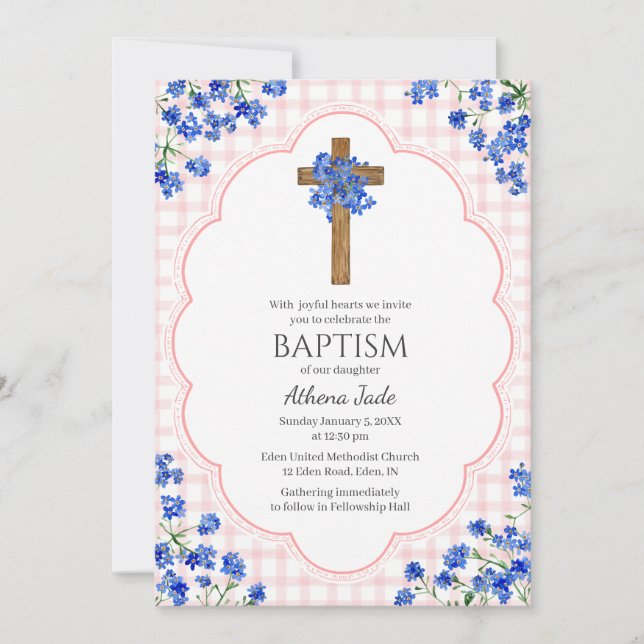 008 Rosabränd Blommande Rustik Korsdesign Dop Inbjudningar (Framsida)
