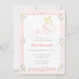 008 Rosabränd Gingham vattenkanna för baby shower Inbjudningar