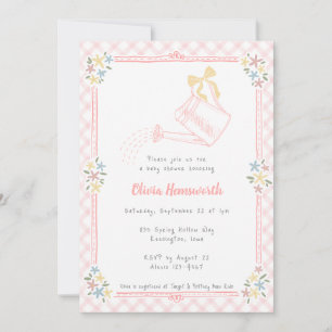 008 Rosabränd Gingham vattenkanna för baby shower Inbjudningar