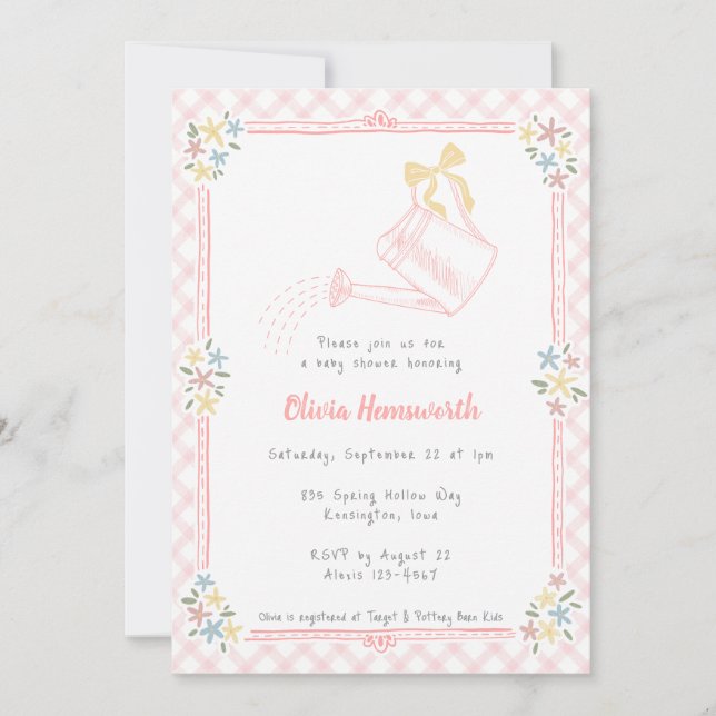 008 Rosabränd Gingham vattenkanna för baby shower Inbjudningar (Framsida)