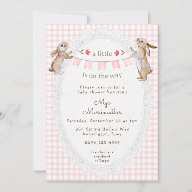008 Rosabränd Söt Gingham-Kanin Baby Shower Inbjudningar (Framsida)