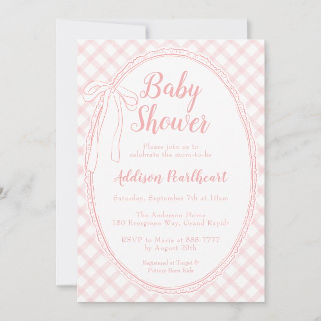 008 Rosabrukt Lace Gingham Baby Shower Inbjudningar (Framsida)