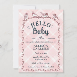 008 Watercolor Gingham Fåglar Baby Shower Inbjudningar