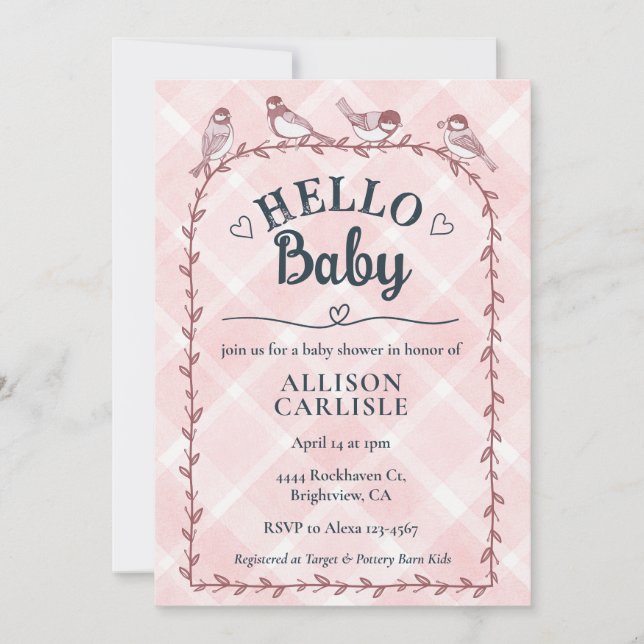 008 Watercolor Gingham Fåglar Baby Shower Inbjudningar (Framsida)