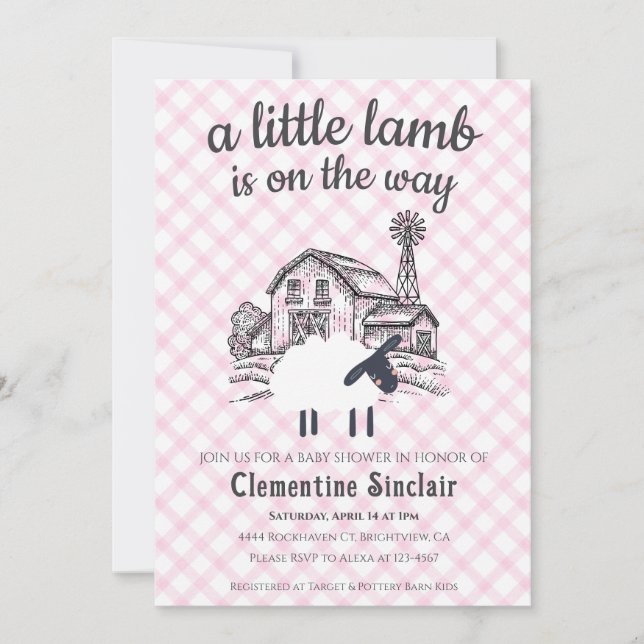 009 Fuchsia A Little Lamb Farm Gingham Baby Shower Inbjudningar (Framsida)