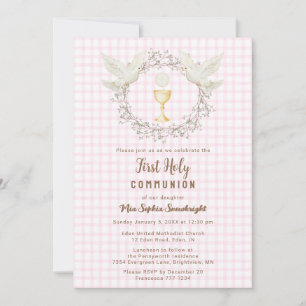 009 Fuchsia Duva & Chalice Gingham Första Kommunio Inbjudningar