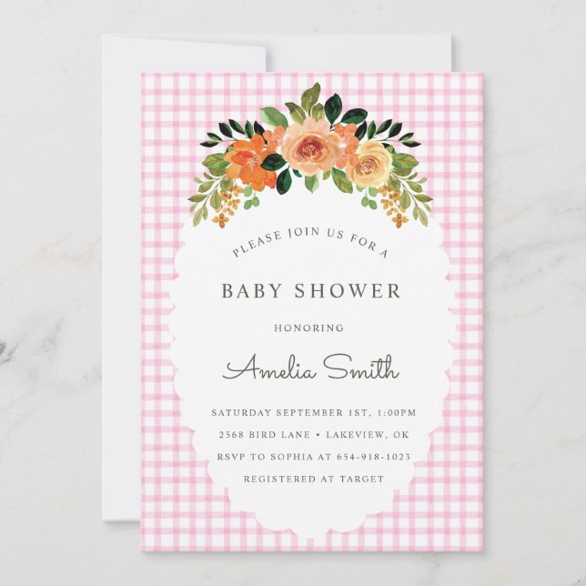 009 Fuchsia Floral Gingham Baby Shower Invitations Inbjudningar (Framsida)