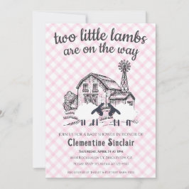 009 Fuchsia Little Lambs Farm Gingham Baby Shower Inbjudningar