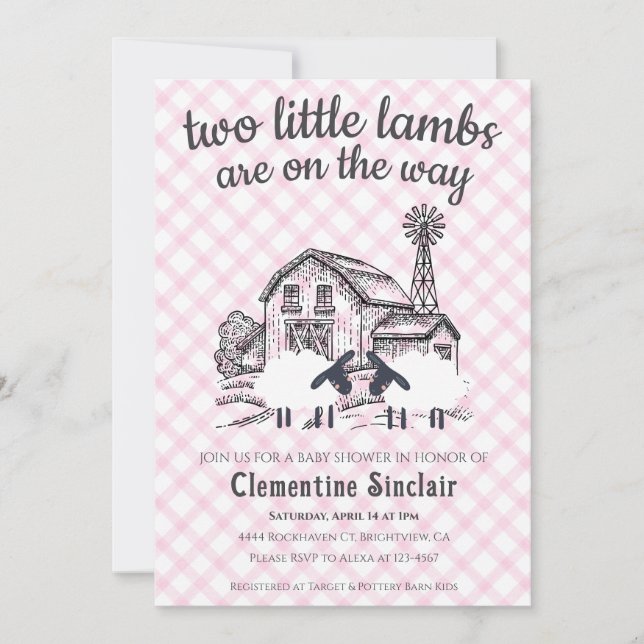 009 Fuchsia Little Lambs Farm Gingham Baby Shower Inbjudningar (Framsida)