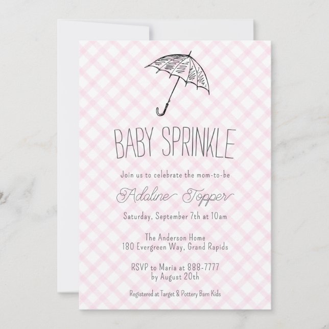 009 Fuchsia Modern Umbrella Gingham Baby Sprinkle Inbjudningar (Framsida)