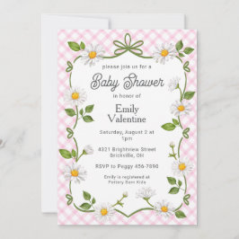 009 Fuchsia Pink Floral Daisy Plaid Baby Shower Inbjudningar