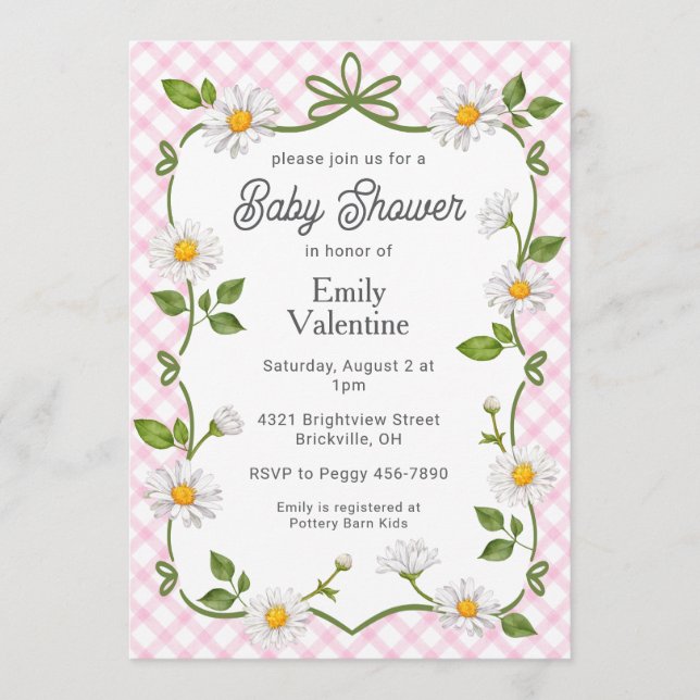 009 Fuchsia Pink Floral Daisy Plaid Baby Shower Inbjudningar (Framsida)