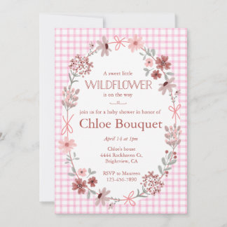 009 Fuchsia Pink Wildflower Gingham Baby Shower Inbjudningar