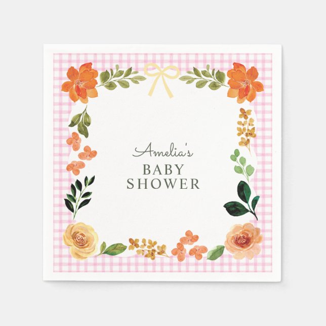 009 Fuchsia Rosa Blommig Gingham Bebis Shower Pappersservett (Framsidan)