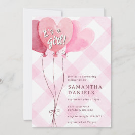 009 Fuchsia Rosa Hjärtballong Rutig Bebis Shower Inbjudningar