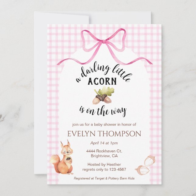 009 Fuchsia Squirrel Acorn Gingham Baby Shower Inbjudningar (Framsida)