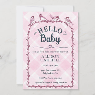 009 Fuchsia Watercolor Gingham Fåglar Baby Shower Inbjudningar