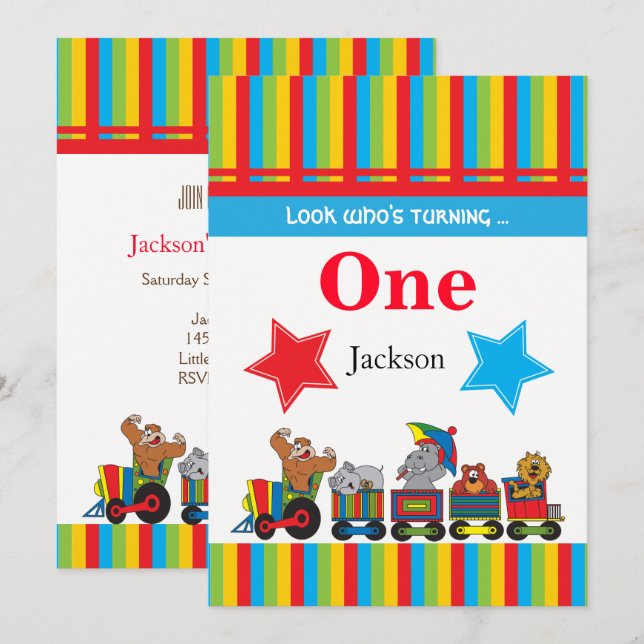 00. födelsedag för cirkusroligtungar inbjudningar (Fram/baksida)