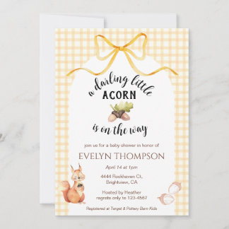 010 Amber Cute Squirrel Acorn Gingham Baby Shower Inbjudningar