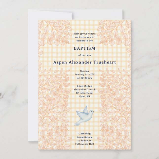 010 Amber Dove Botanisk Kors Gingham Dop Inbjudningar (Framsida)