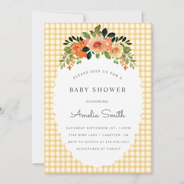 010 Amber Floral Gingham Baby Shower Invitations Inbjudningar (Framsida)