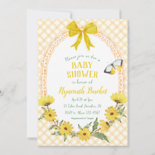 010 Amber Gul Tusenskönhet med rosett Gingham Baby Inbjudningar