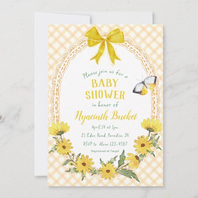 010 Amber Gul Tusenskönhet med rosett Gingham Baby Inbjudningar (Framsida)