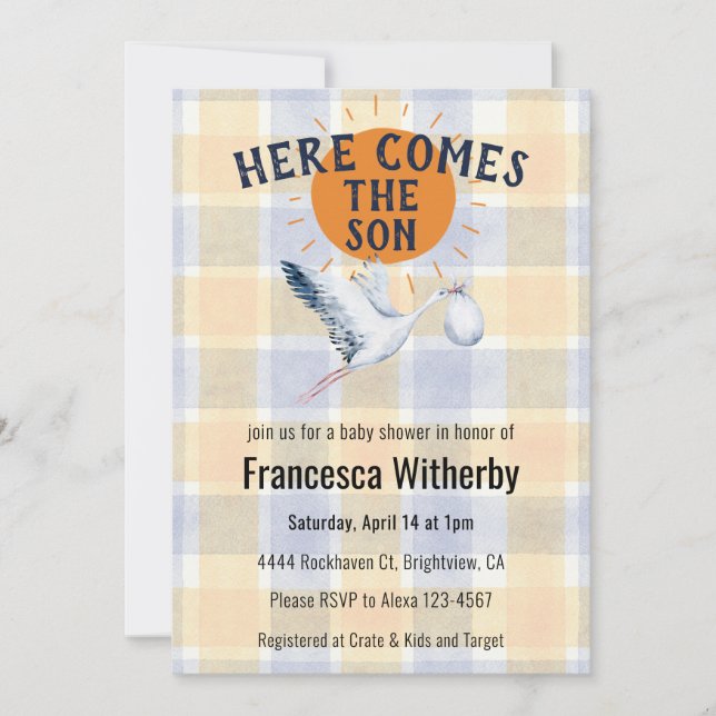 010 Amber Vattenfärg Rutig Stork Boho Babykalas Inbjudningar (Framsida)