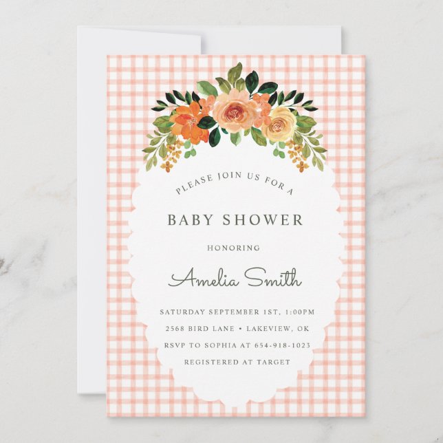 011 Terracotta Gingham Baby Shower Invitations Inbjudningar (Framsida)