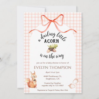 011 Terracotta Squirrel Acorn Gingham Baby Shower Inbjudningar