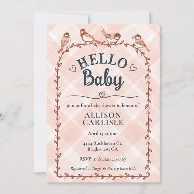 011 Terracotta Watercolor Gingham Bird Baby Shower Inbjudningar (Framsida)